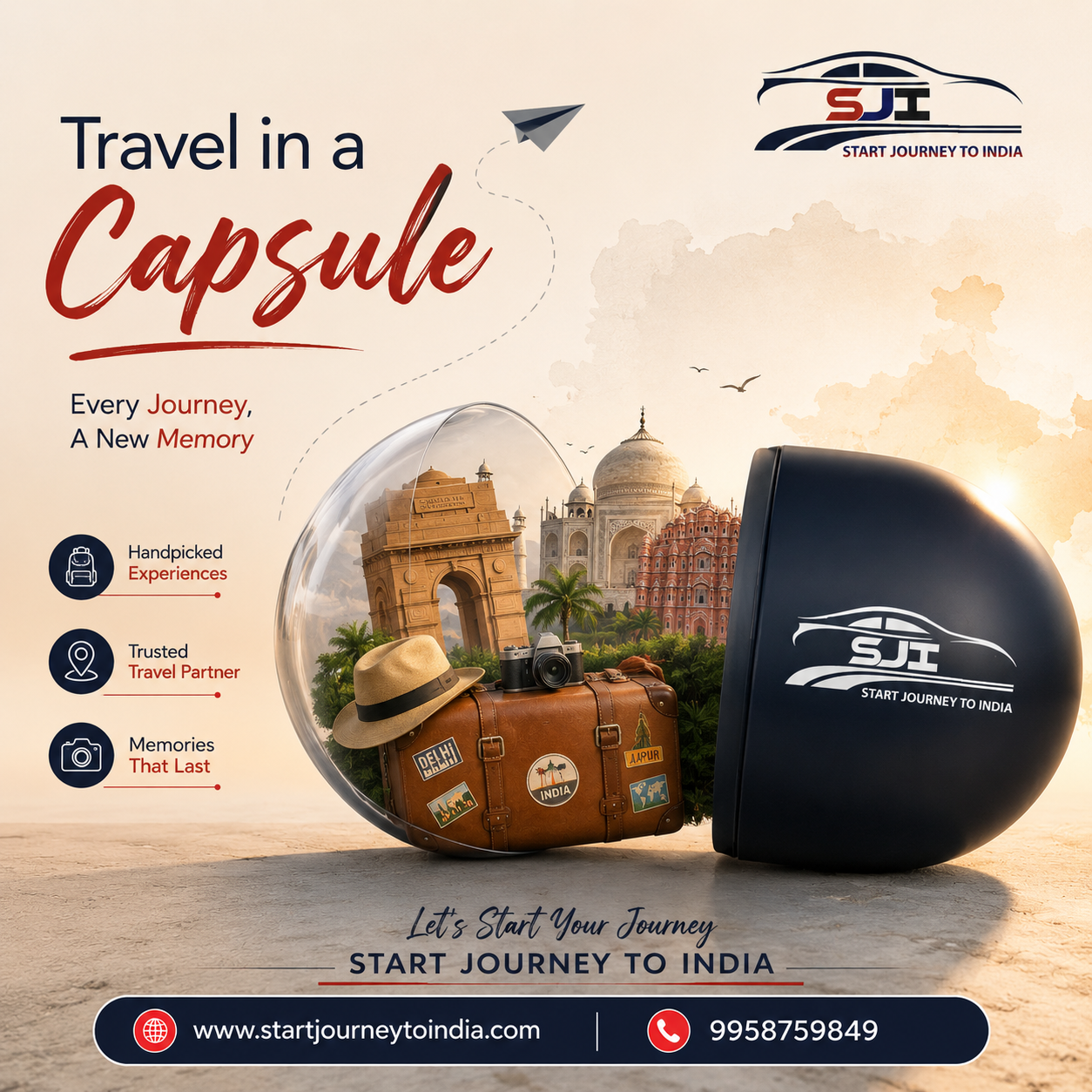 🌍 Travel in a Capsule ✈️ Every journey begins with a dream, and we turn that dream into unforgettable memories. From the majestic Taj Mahal to the vibrant streets of Jaipur and the iconic India Gate, discover India's most incredible destinations with comfort and confidence.